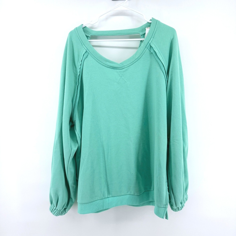 POL Sweatshirt Lace Up Back Large Mint Green Womens Boho French Terry TKT622